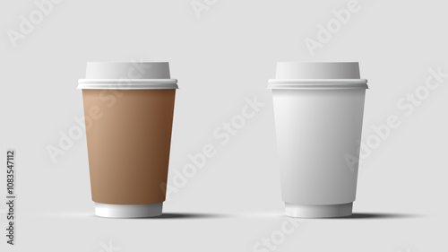 Realistic blank mock up paper cups with plastic lid. Coffee to go, take out mug. Vector illustration isolated