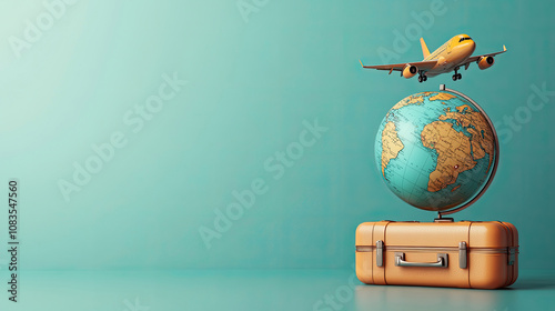 3d render of travel concept with suitcases, globe and plane flying around it on white background. Travel poster design template for vacation advertising banner, photo