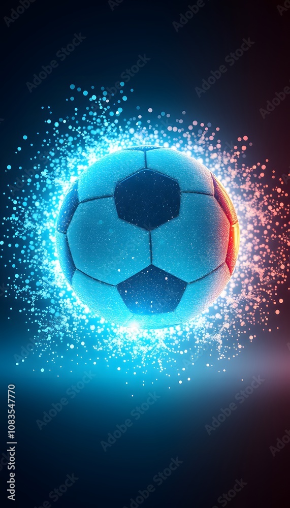 Naklejka premium A Vibrant Football Dissolving into Particles with Glowing Effects Showcasing Dynamic Motion and Energy in Sports Imagery