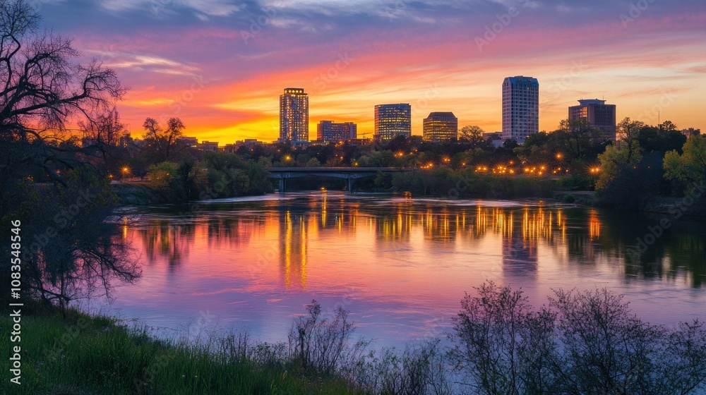 Obraz premium City Skyline Reflected in a River at Sunset