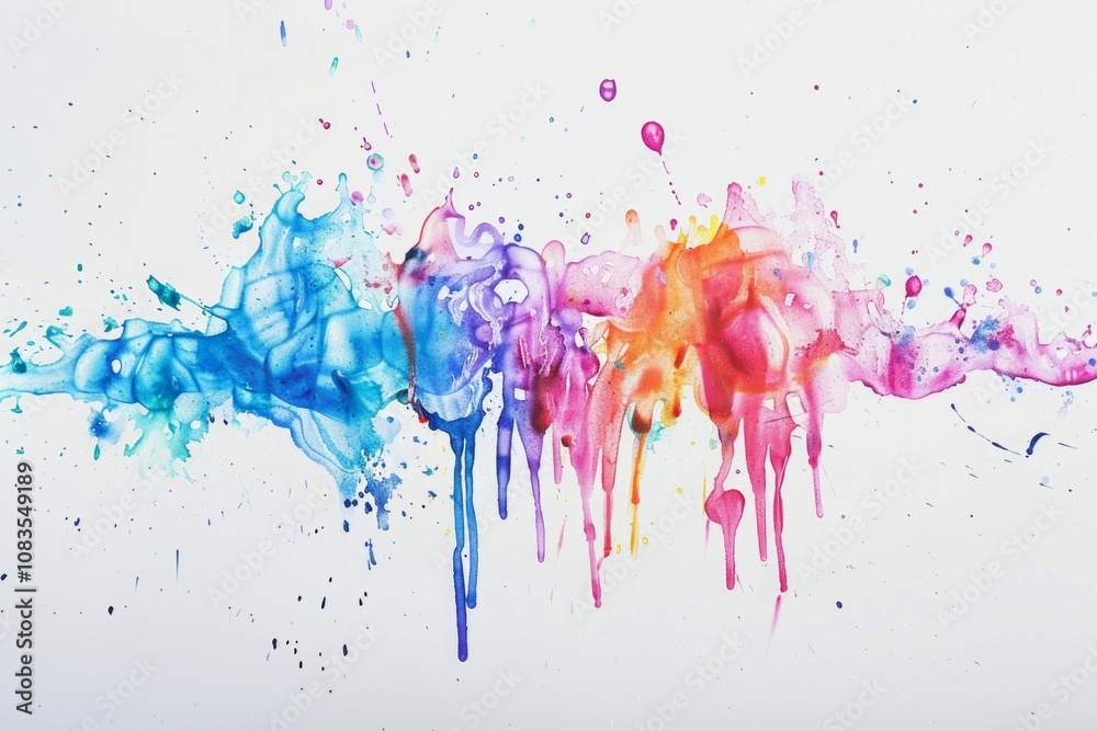 Fototapeta premium Abstract watercolor splashes with blue, purple, pink, and orange gradients on white background. Creative dripping design for art and print. Generative AI