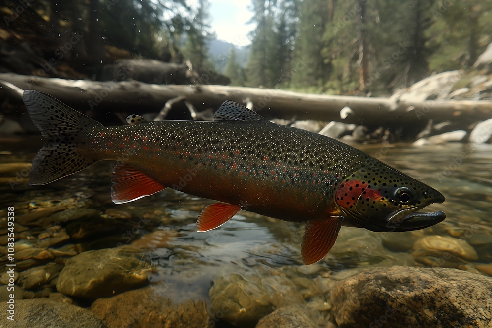 Obraz premium Rainbow Trout Swimming in a Rocky Stream.