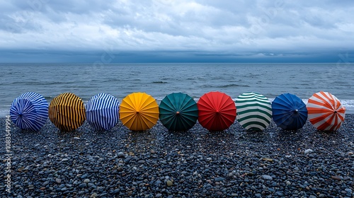 Vibrant Beach Umbrellas in a Row on Pebbly Shoreline Against a Dramatic Sky, Creating a Lively Coastal Scene Perfect for Summer Themes photo