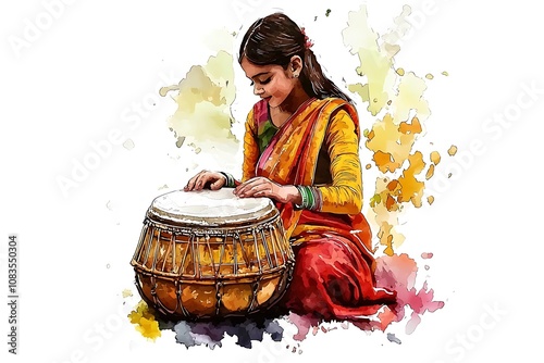 Watercolor Illustration of a Young Woman Playing a Tabla.