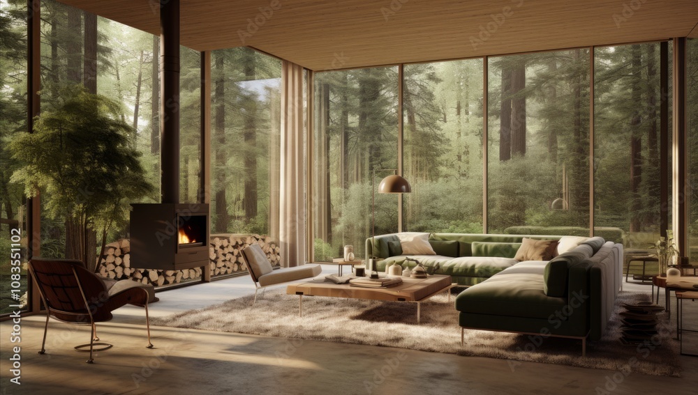 Fototapeta premium Harmonious Retreat: A Living Room Blending with the Green Forest