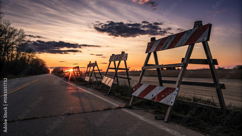 Fototapeta premium Lineup of Old Striped Construction Barricades Blocking an Empty Rural Road at Sunset