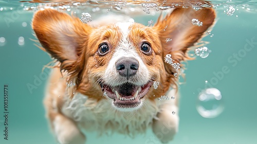 A hilarious underwater photo of a dog with a huge grin on its face, its ears floating around as it swims towards the camera, bubbles trailing behind it.