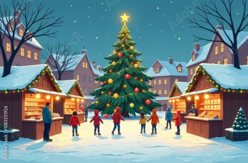 A festive outdoor Christmas market at night featuring a large illuminated Christmas tree adorned with ornaments and lights