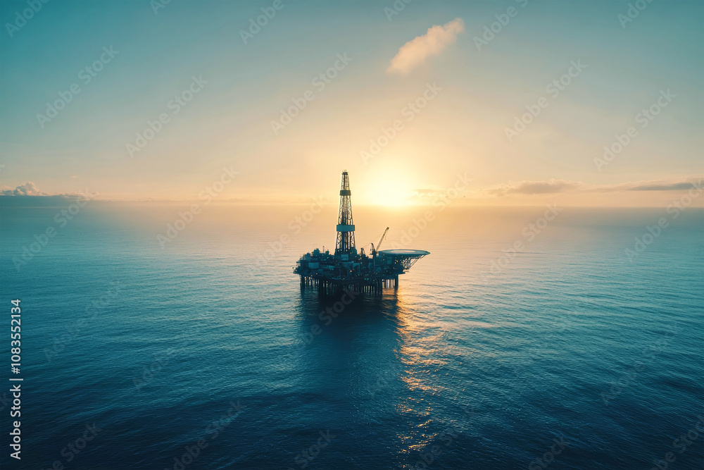 Obraz premium Aerial view of an oil rig in the ocean at sunset, showcasing the crane and serene waters during golden hour