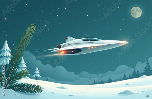 Futuristic spaceship flying through a snowy winter landscape under a starry night sky with a bright full moon. Snow-covered pine trees and a fir branch in the foreground