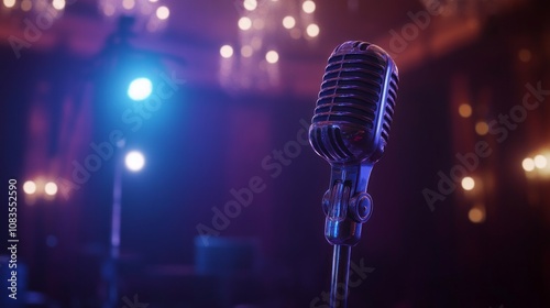 A microphone is on a stand in a dark room