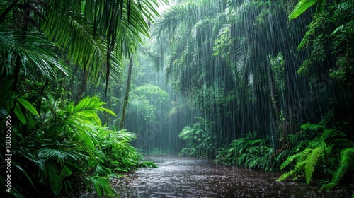 Lush Rainforest Pathway with Heavy Rain and a Stream