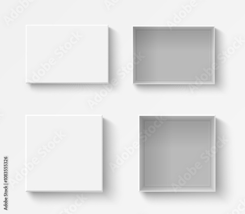 White boxes mockup. Open and close realistic gift boxes set, top view, 3d vector paper container