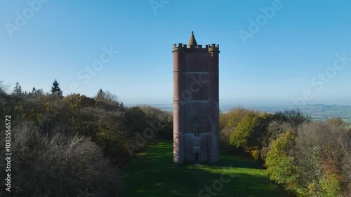 Autumn over Alfred's Tower from a drone, Stourhead, Somerset, England photo