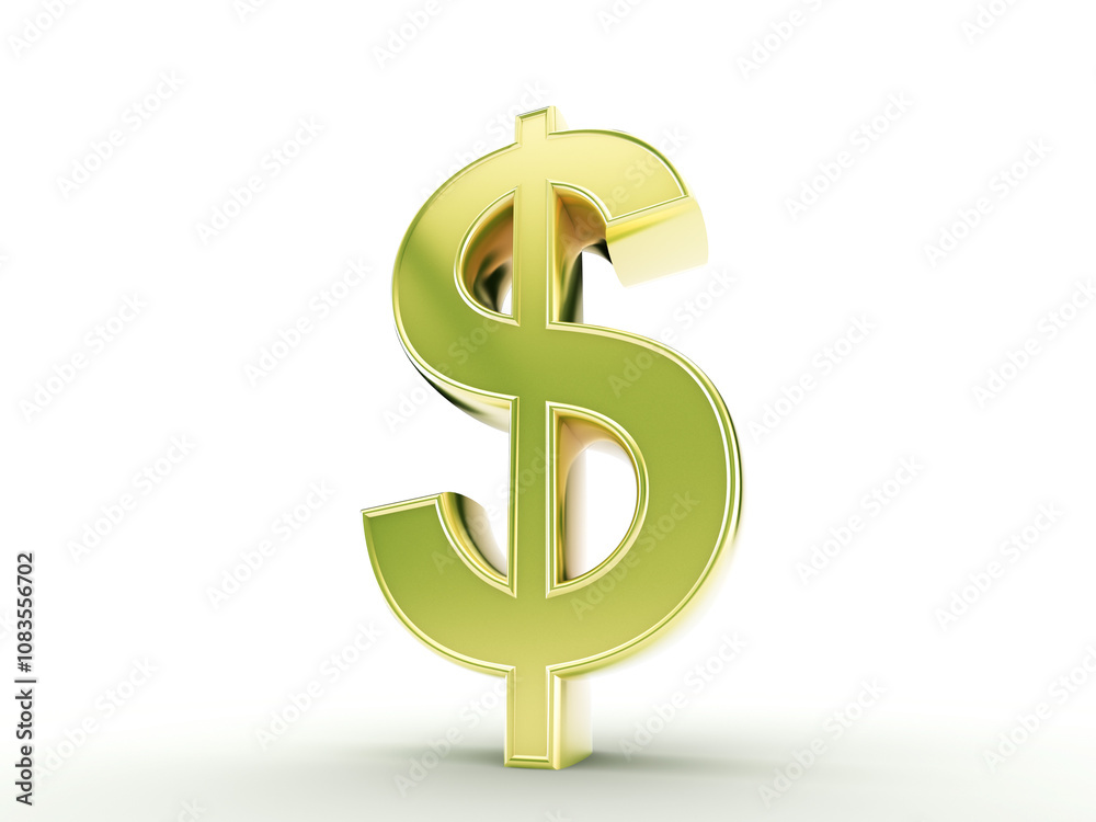 Obraz premium A shiny golden dollar symbol isolated, standing upright on a white background. It reflects wealth and currency concepts. 3D Rendering
