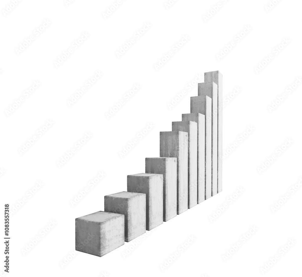 Fototapeta premium A series of concrete blocks arranged in an ascending bar chart style on a white background. Concept of growth, progress, or analytics. 3D Rendering