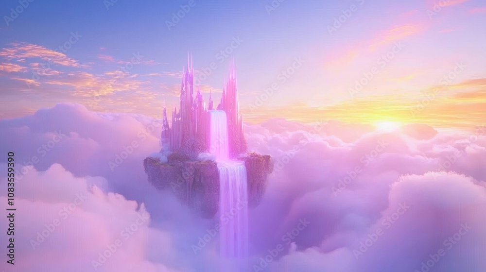 Fototapeta premium Enchanting Surrealist Dreamscape of Floating Castle in Clouds with Vibrant Sunset - Ultra-Detailed Digital Artwork