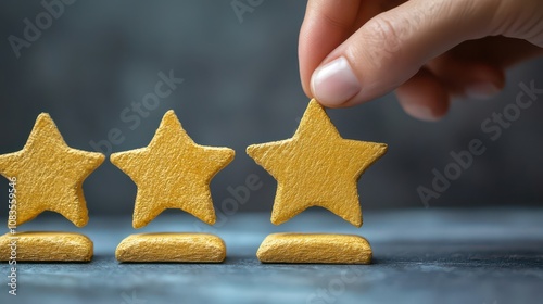 Hand Holding Yellow Star Shapes on a Gray Background photo