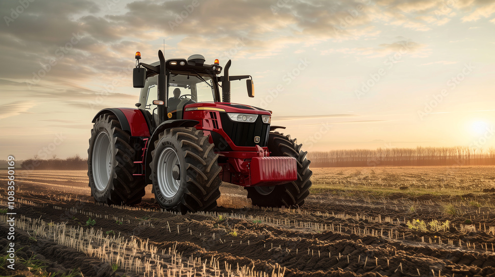 Fototapeta premium Red tractor working in a vast field during sunset, capturing rural agricultural life