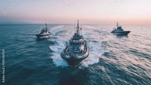 Naval patrol boats cruising through the open sea, maintaining security and vigilance in international waters, symbolizing maritime defense and global cooperation photo