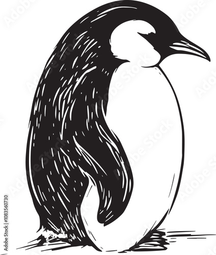 Penguin Animal Linear Drawing Sketch Art Illustration, Black and White Vector