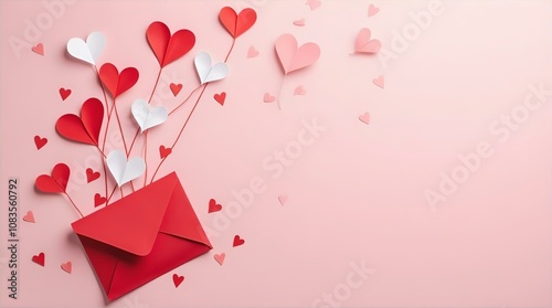 A red envelope lies open on a pastel pink background, with a bouquet of 3D paper hearts in red and white emerging from it