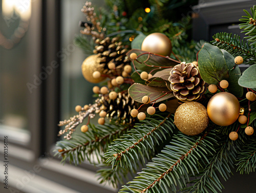 Closeup Christmas wreath from tree with decoration. Christmas concept.  photo