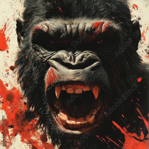 Close-up portrait of a ferocious gorilla with bloody mouth. photo