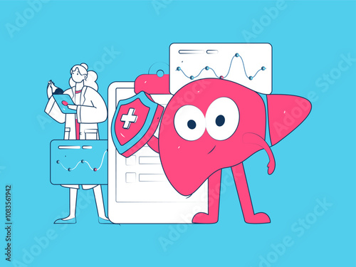 National Liver Protection Day Medical Characters Flat Vector Concept Operation Hand Drawn Illustration
