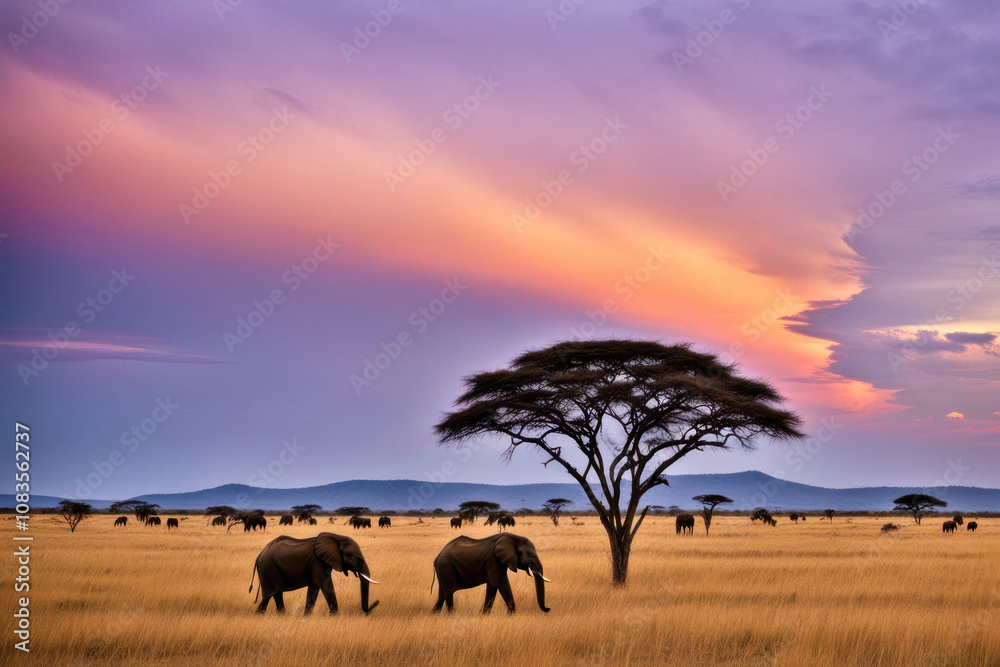 Fototapeta premium Elephants at sunset in African savanna.