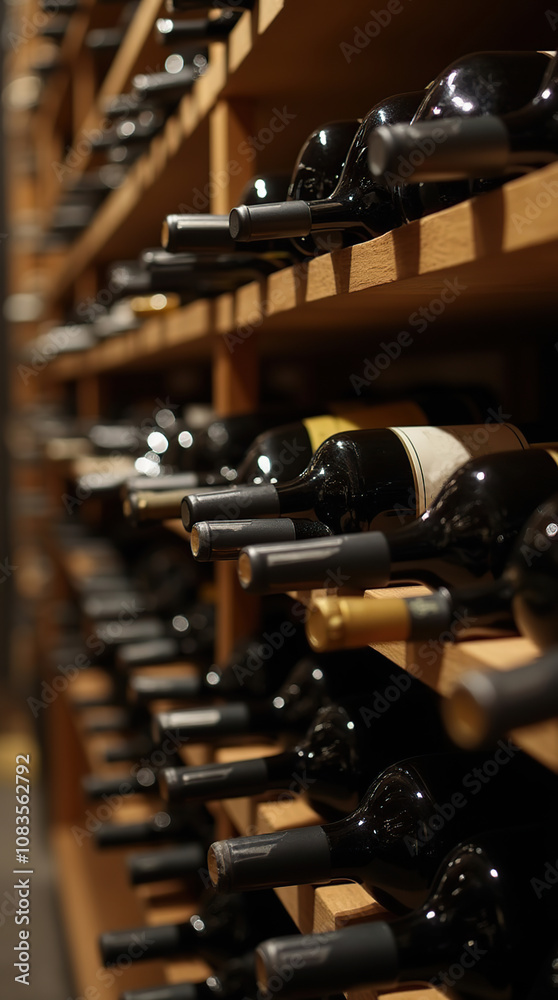 Naklejka premium Close-Up of Wine Bottles Stacked on Wooden Racks in a Cellar