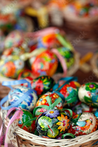 Colorful and painted easter eggs in traditional Easter market.  Easter celebration  is the most ancient and Christian holiday.  Vienna. Austria.