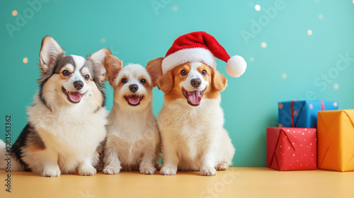 Cute dog cheerfully wearing a Santa Claus hat, on a pastel background, Christmas atmosphere photo