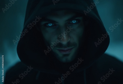 A mysterious man with piercing glacier blue eyes, shrouded with dark aura, haunting
