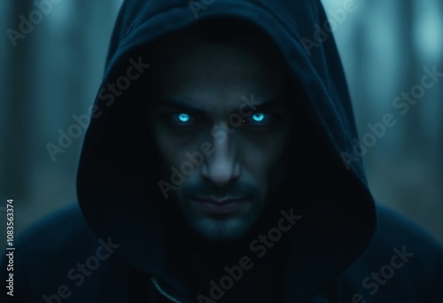 A mysterious man with piercing glacier blue eyes, shrouded with dark aura, haunting