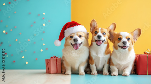 Cute dog cheerfully wearing a Santa Claus hat, on a pastel background, Christmas atmosphere photo