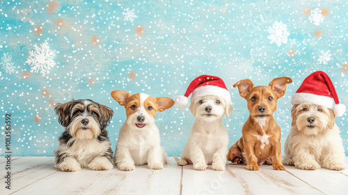 Cute dog cheerfully wearing a Santa Claus hat, on a pastel background, Christmas atmosphere photo