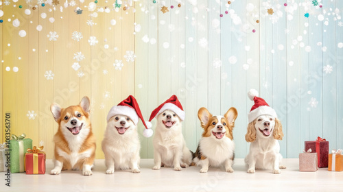 Cute dog cheerfully wearing a Santa Claus hat, on a pastel background, Christmas atmosphere photo