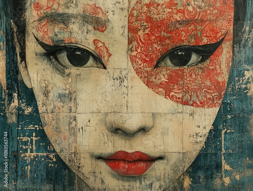 Artistic mural featuring a woman's face with vibrant colors and intricate patterns, showcasing modern street art aesthetics. photo