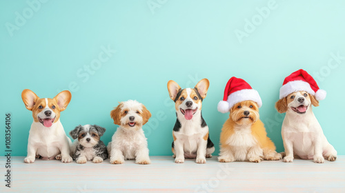 Cute dog cheerfully wearing a Santa Claus hat, on a pastel background, Christmas atmosphere photo