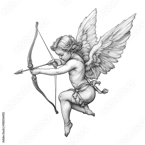 Cupid with bow and arrow engraving sketch, Vintage Romantic clipart. AI generated.