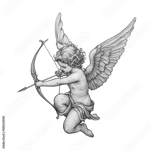 Cupid with bow and arrow engraving sketch, Vintage Romantic clipart. AI generated.