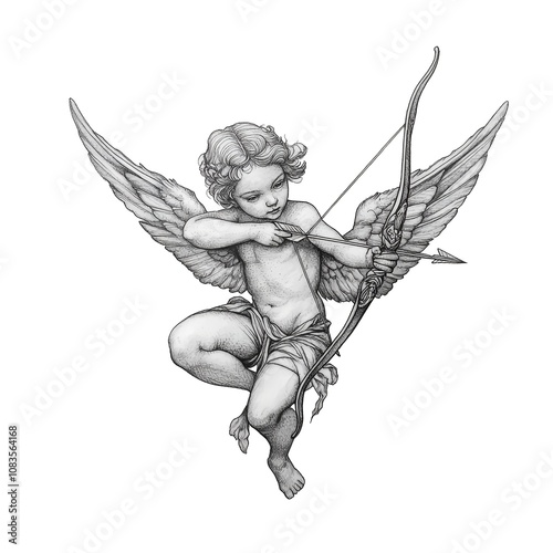 Cupid with bow and arrow engraving sketch, Vintage Romantic clipart. AI generated.