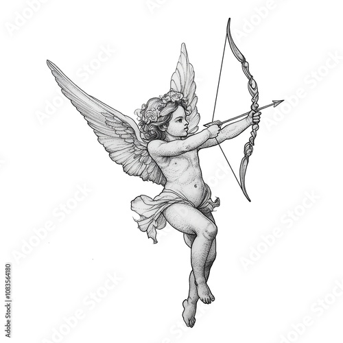 Cupid with bow and arrow engraving sketch, Vintage Romantic clipart. AI generated.