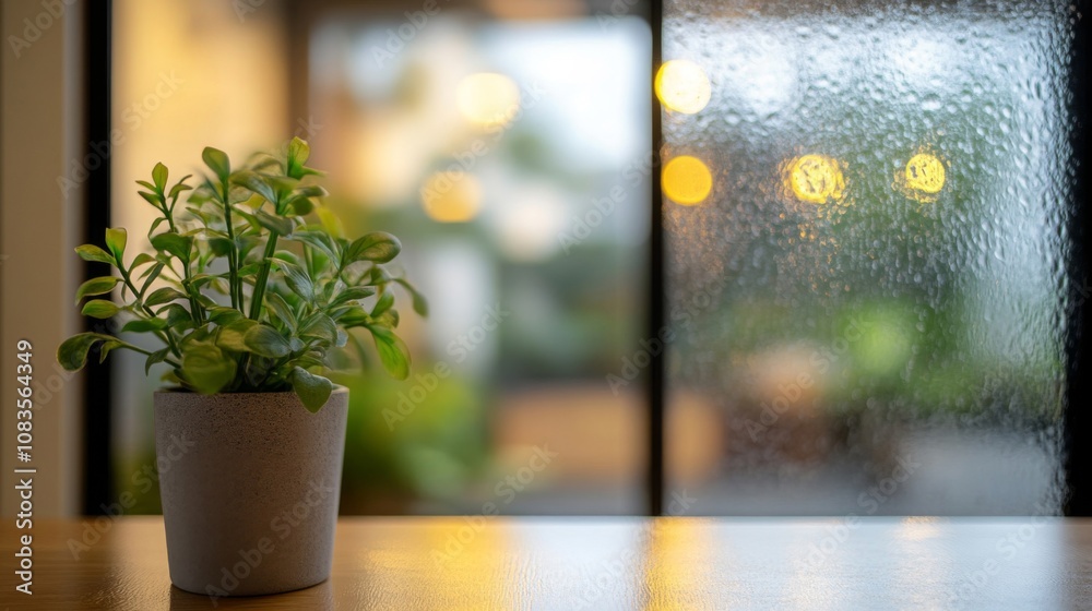Fototapeta premium A Potted Plant Near A Rainy Window With Blurry Lights