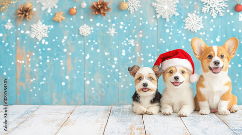 Cute dog cheerfully wearing a Santa Claus hat, on a pastel background, Christmas atmosphere photo