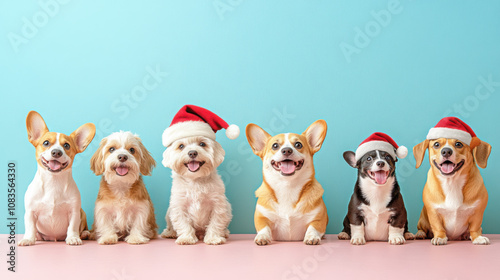 Cute dog cheerfully wearing a Santa Claus hat, on a pastel background, Christmas atmosphere photo