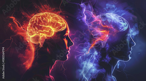 Neon human brains connecting with electric energy