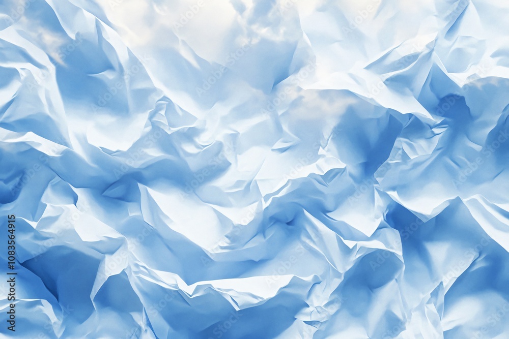 Fototapeta premium Soft crumpled paper texture in light blue tones with intricate folds and a cloud-like effect, creating an airy and abstract composition. Ideal for artistic backgrounds and creative projects.
