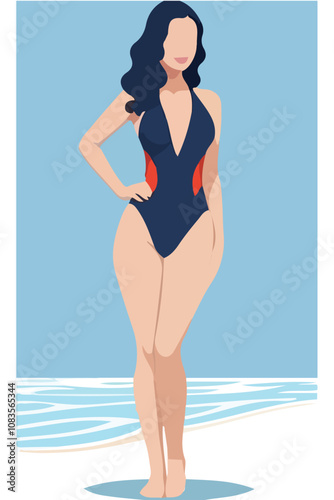 donna in costume da bagno estate mare piscina illustrazione stilizzata vettoriale EDITABILE